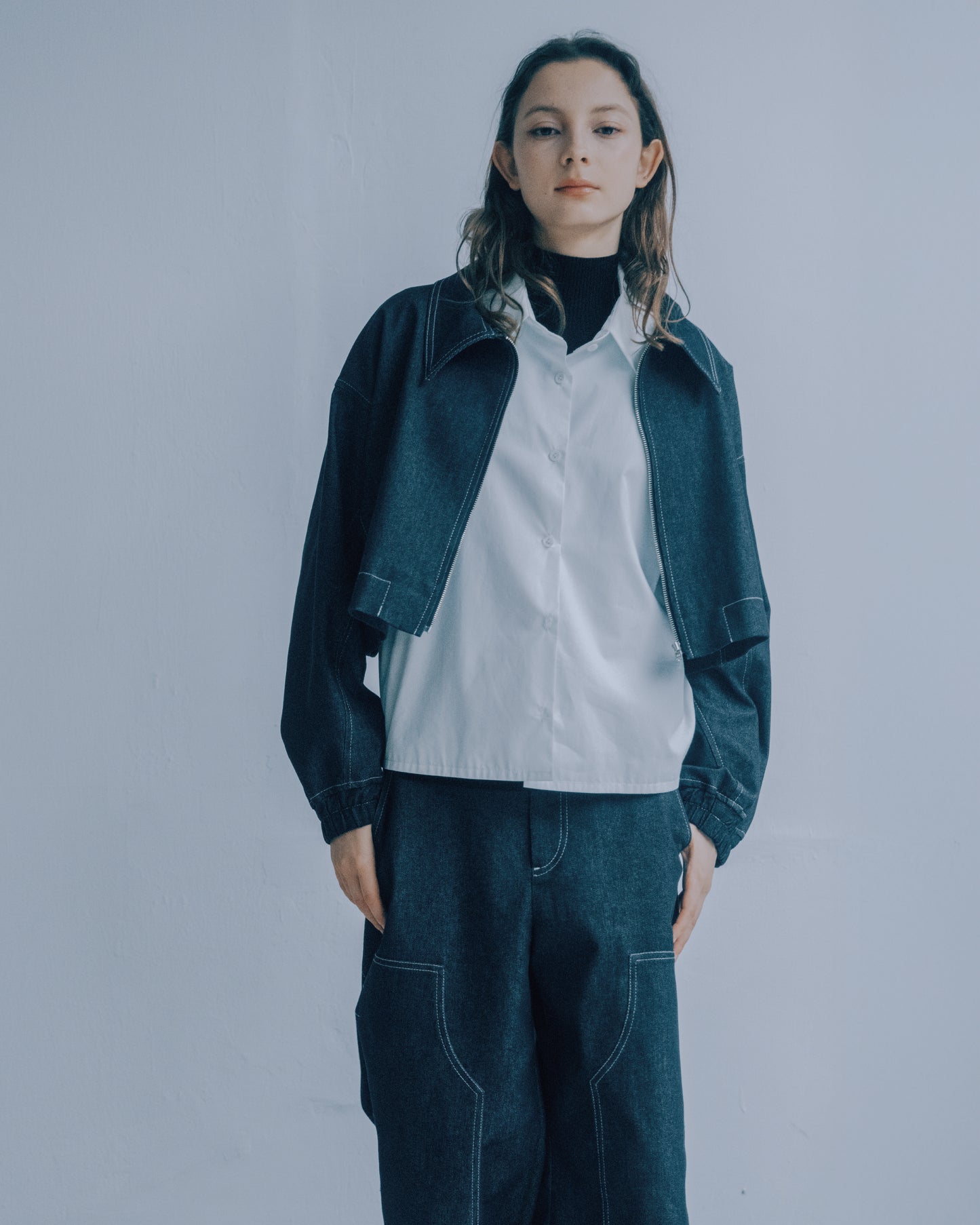 Fake Two-Piece Layered Short-Sleeved Shirt (Light Blue)