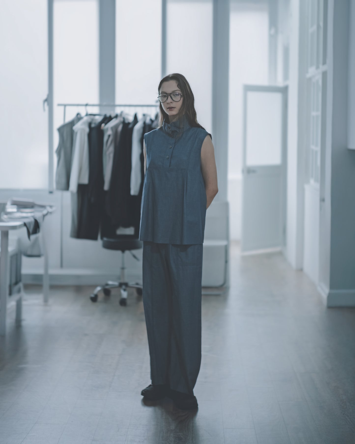 Simple cotton denim wide pants