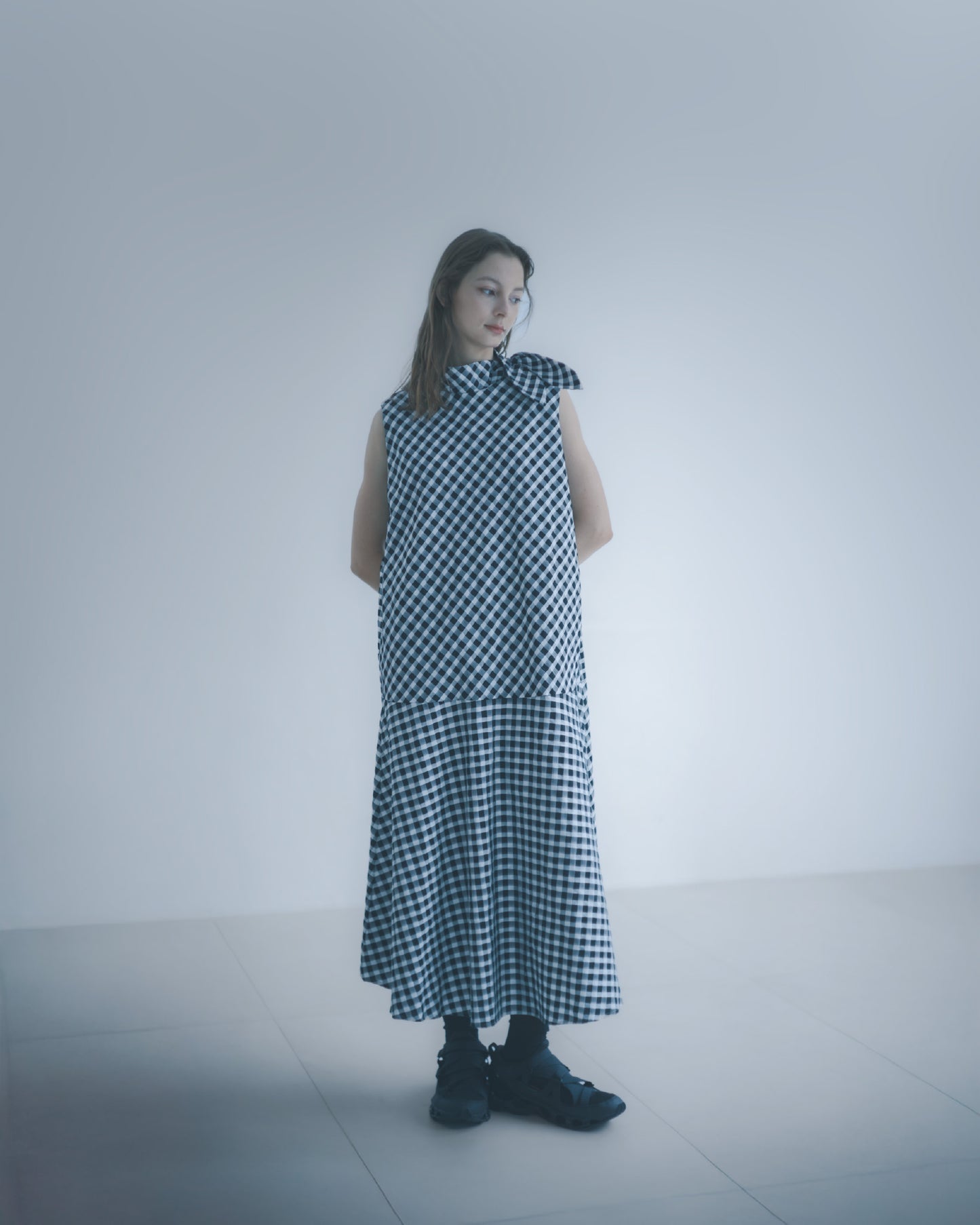 Black and white plaid sailor bow tie long dress