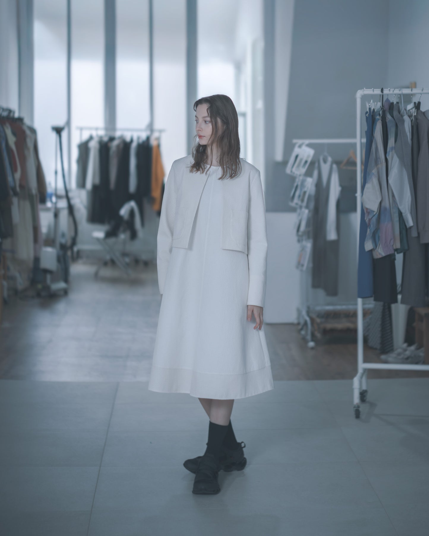 Pure white textured short cardigan jacket