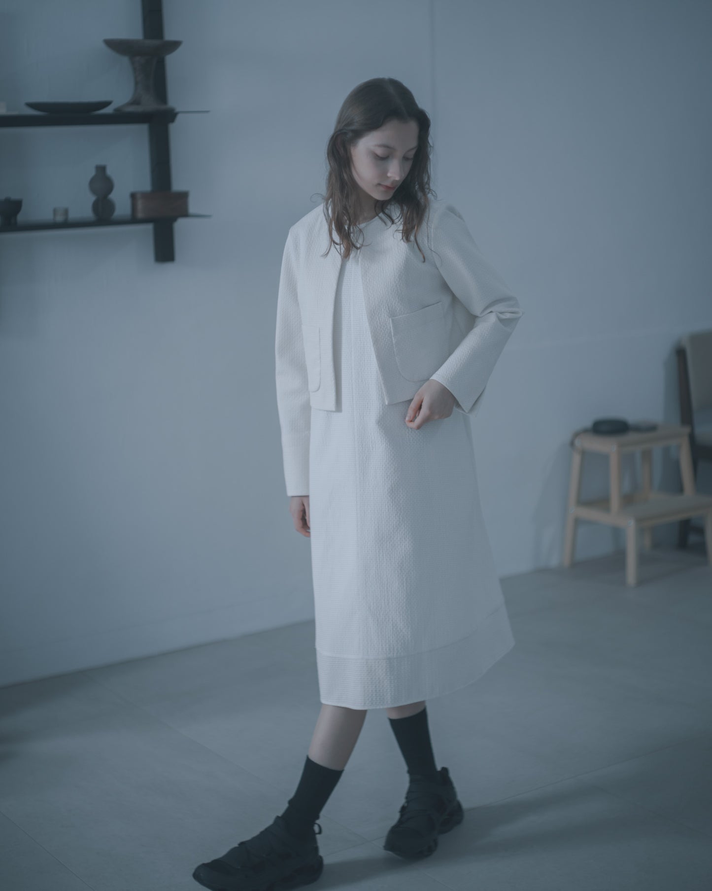 Pure white textured short cardigan jacket