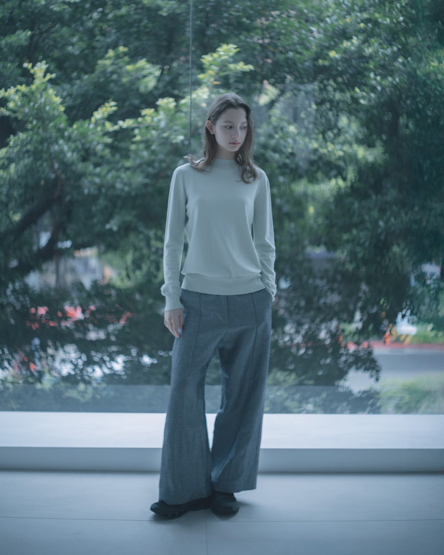 Rope-weave long-sleeved knit top (light green)