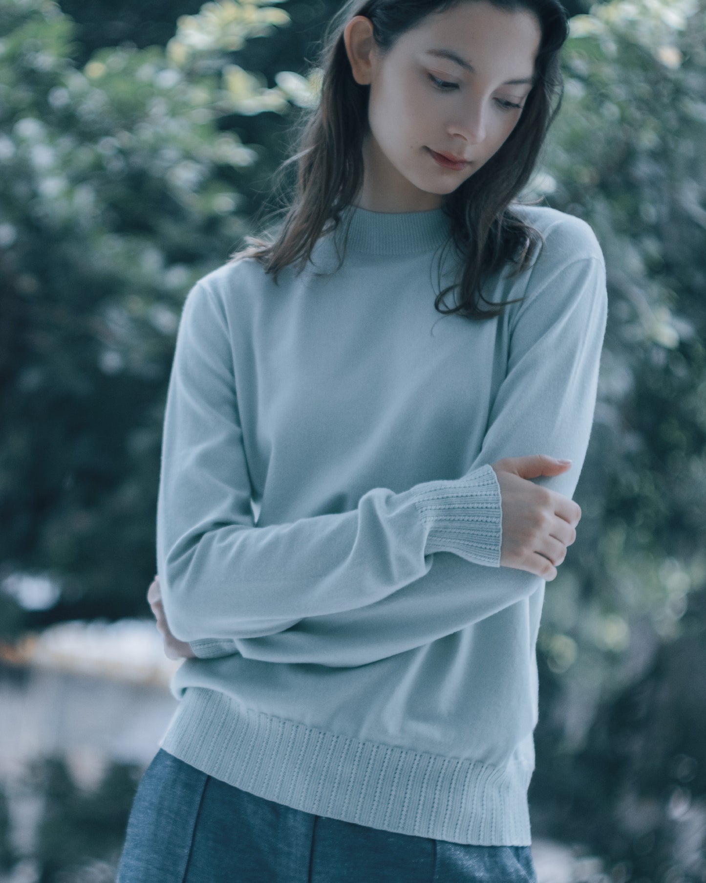 Rope-weave long-sleeved knit top (light green)