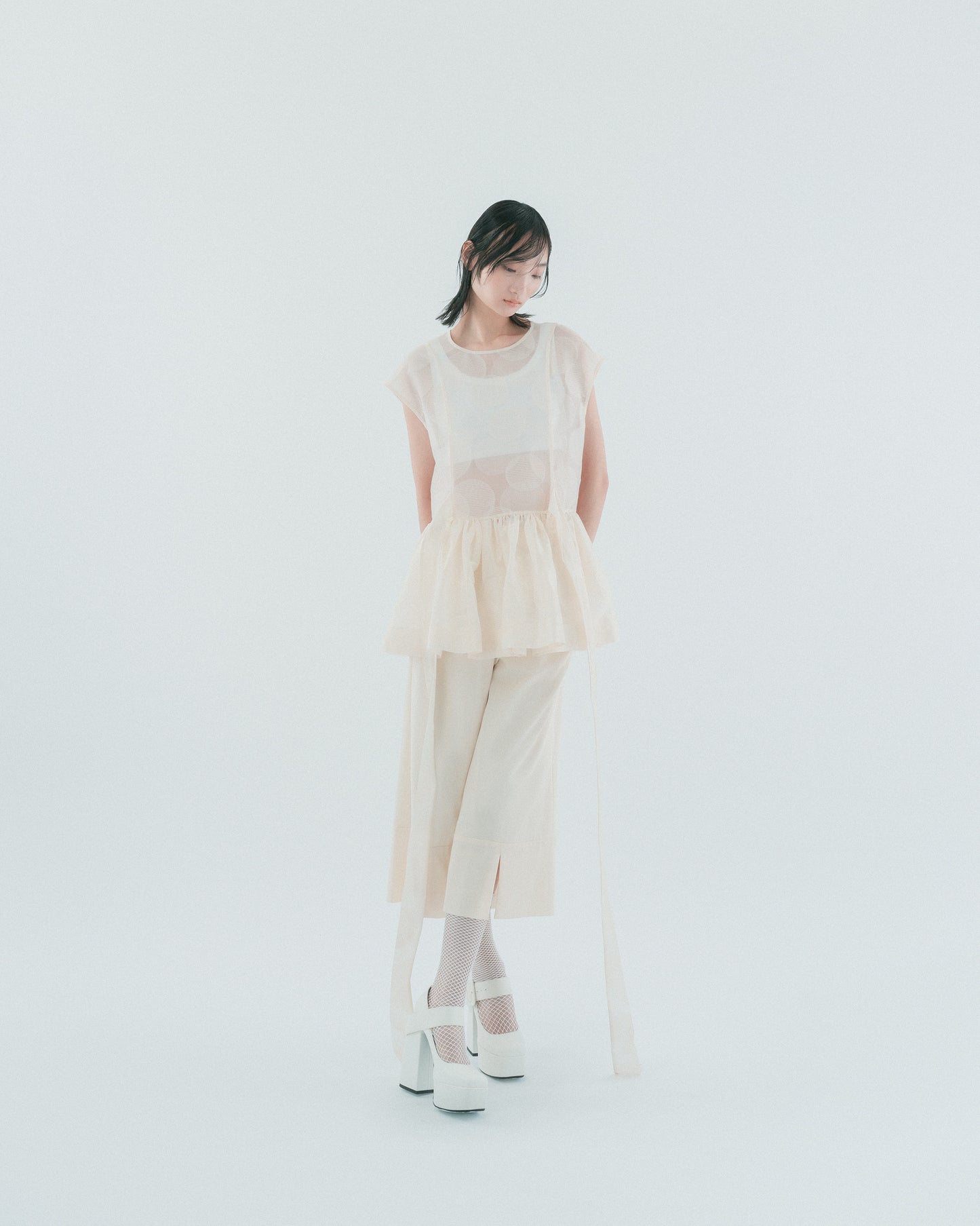 Beige Polka Dot Sheer Puff Top