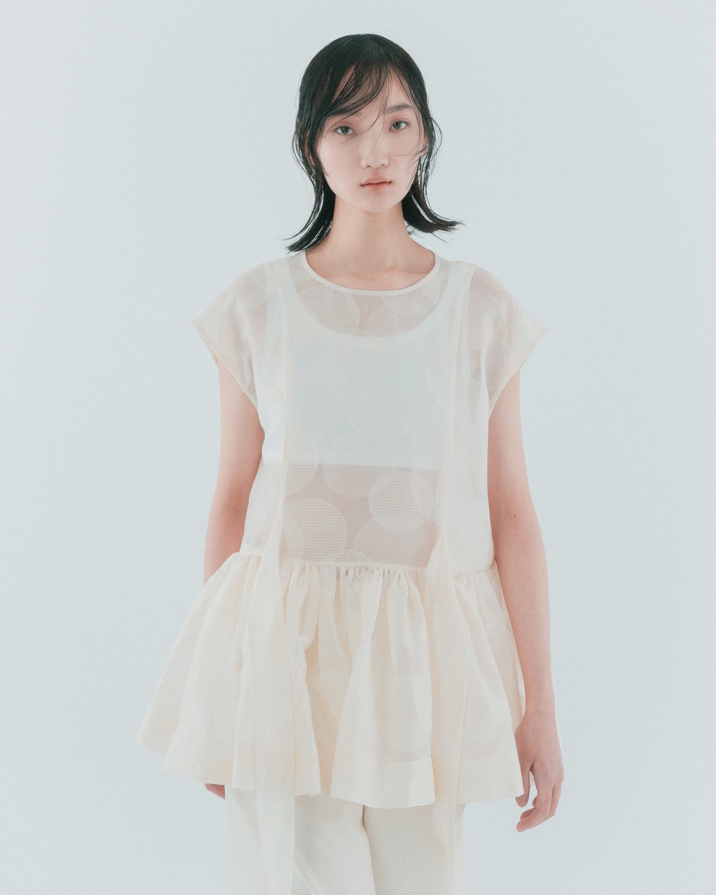 Beige Polka Dot Sheer Puff Top