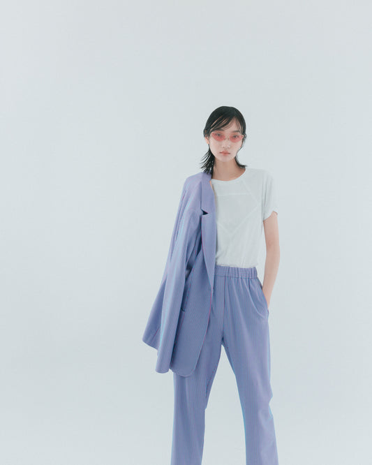 藍紫條鬆緊直筒褲