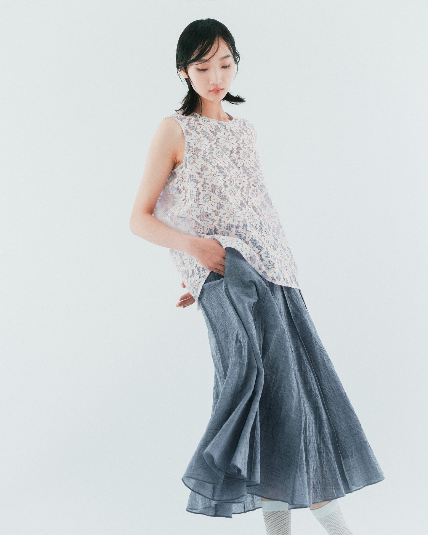 Beige transparent skin puff top