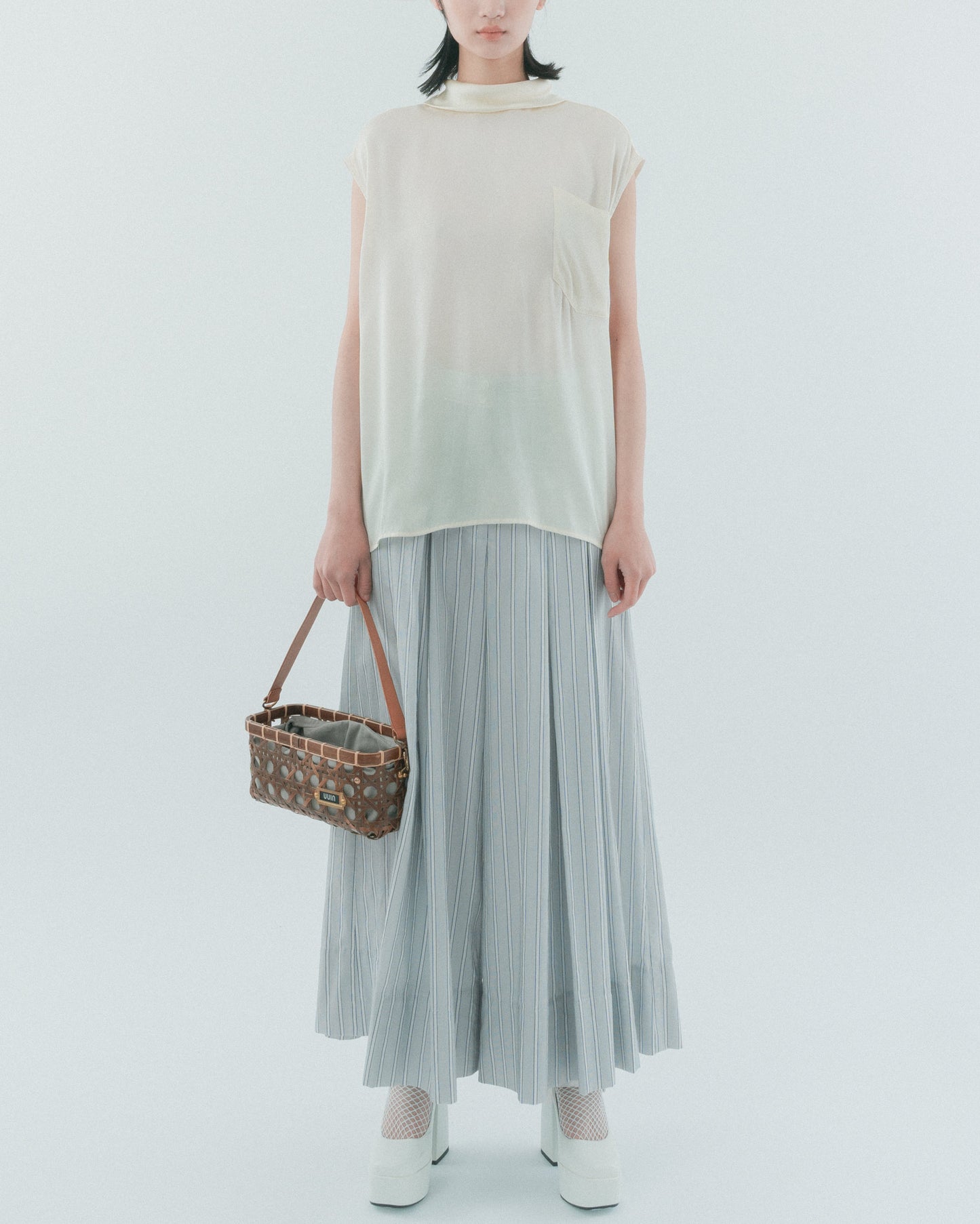 Beige transparent skin puff top