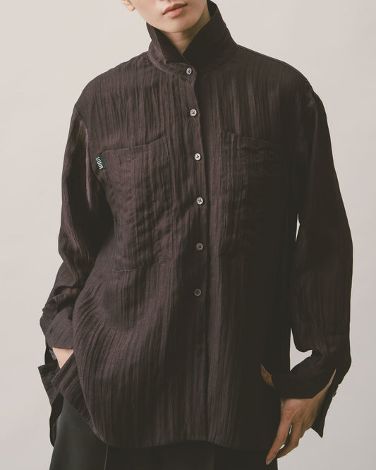 咖啡皺褶感長袖襯衫