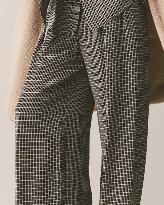 黑方格打褶長寬褲