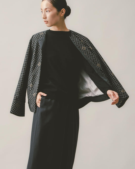黑白斜格網紗暗襟外套