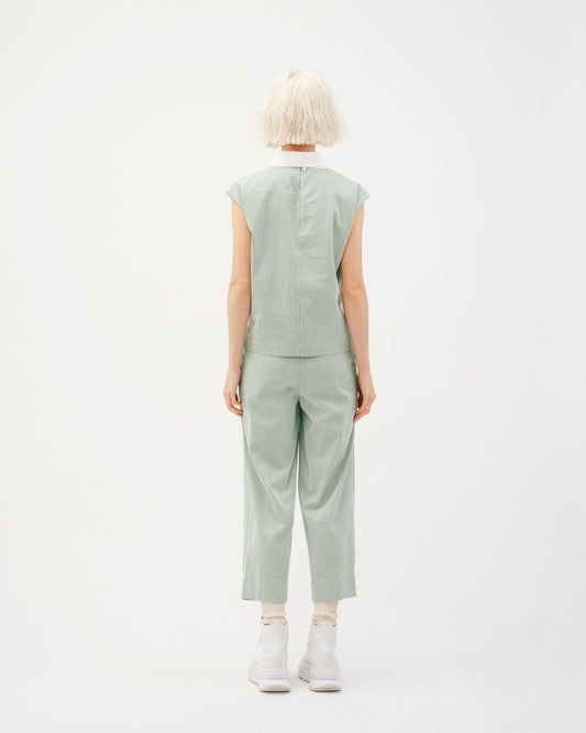 綠條紋活褶錐型褲