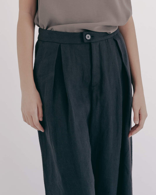 黑灰麻料打摺落地寬褲