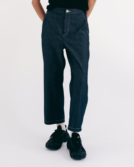 撞色縫線丹寧錐形褲(深藍)