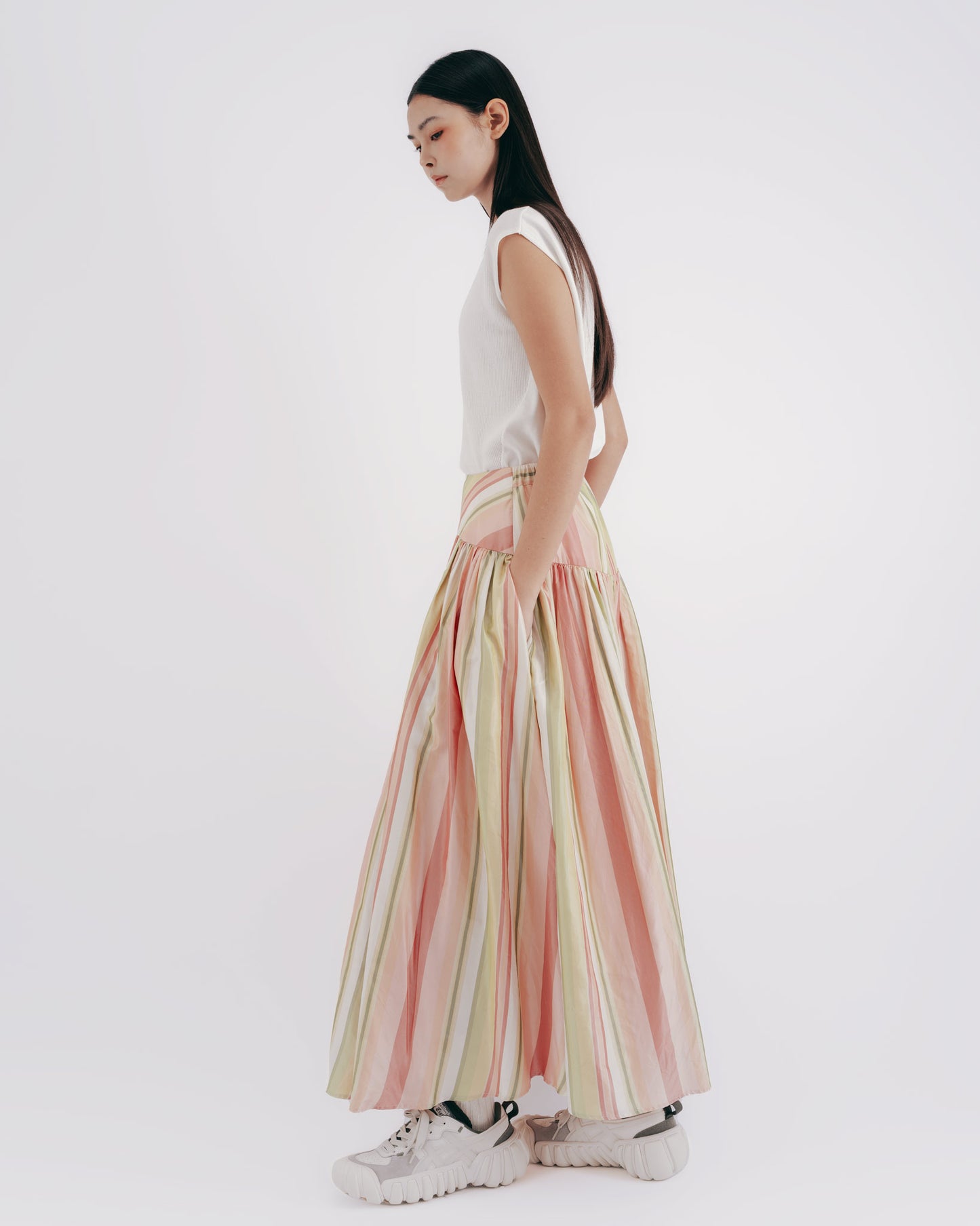 Silk striped pleated skirt
