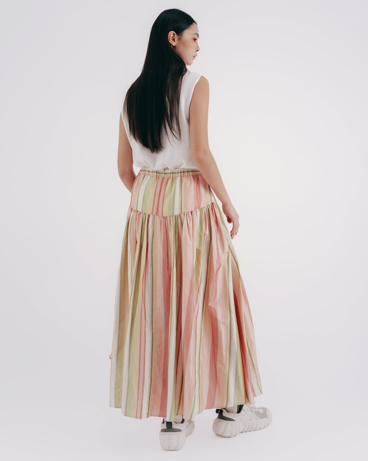 Silk striped pleated skirt