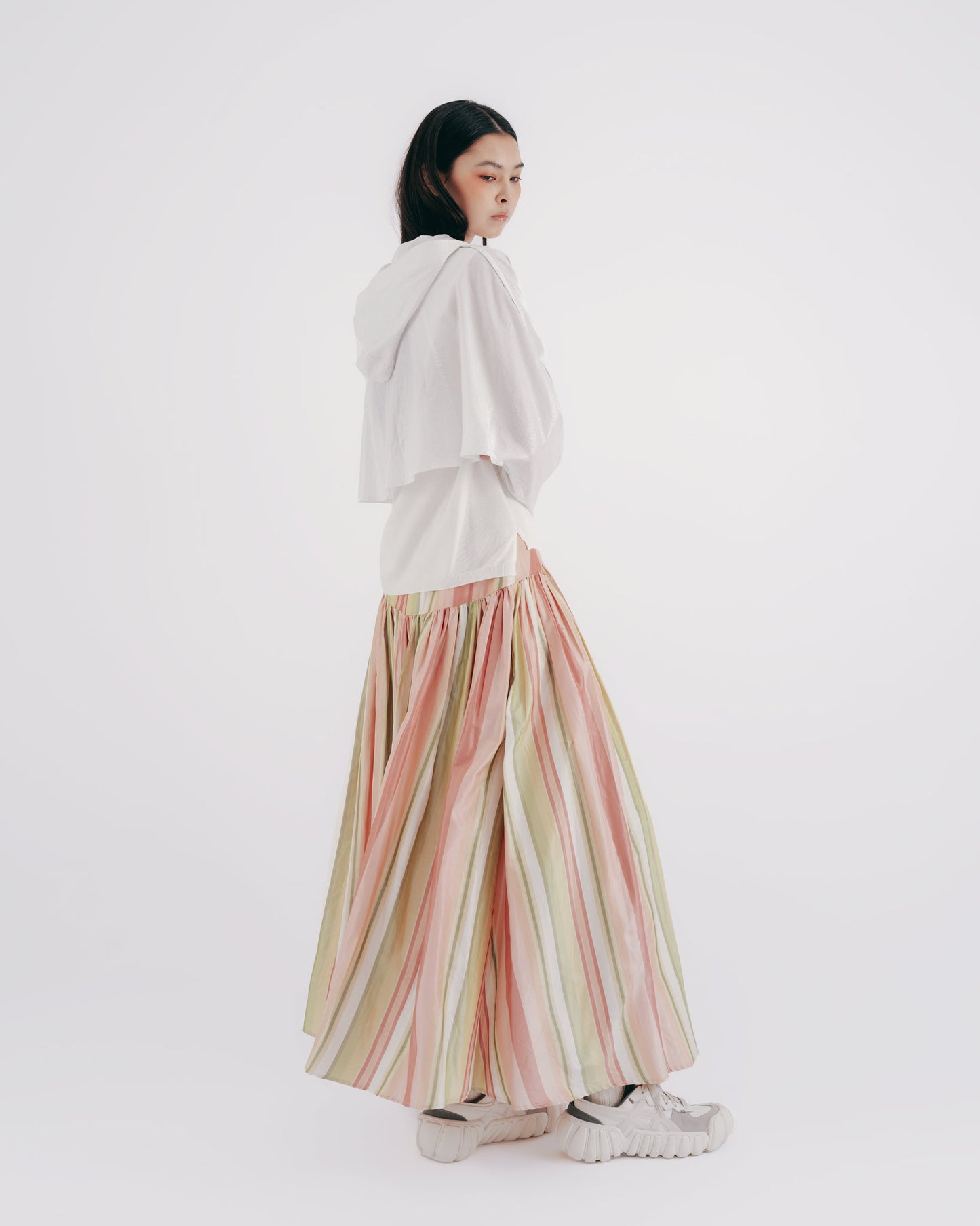 Silk striped pleated skirt