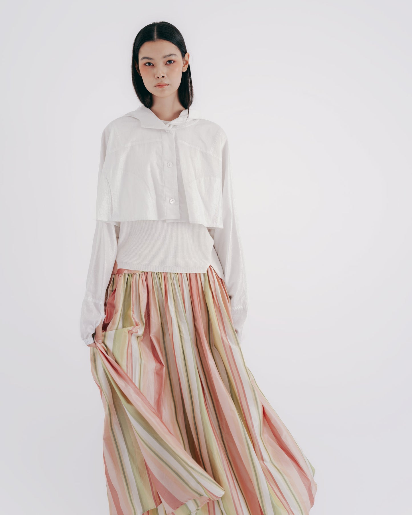 Silk striped pleated skirt