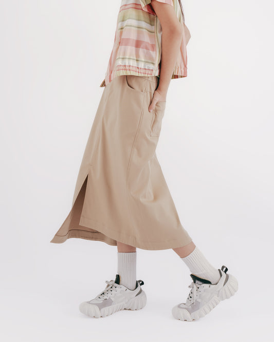 卡其斜紋不對稱設計中長裙