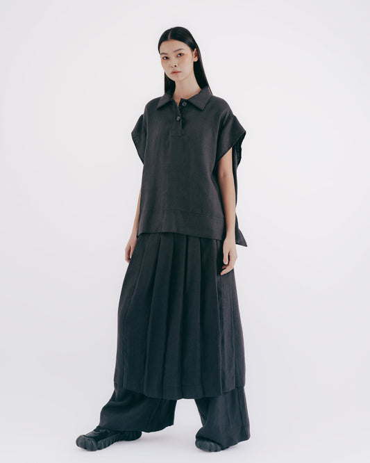 麻料百褶長裙(黑灰)