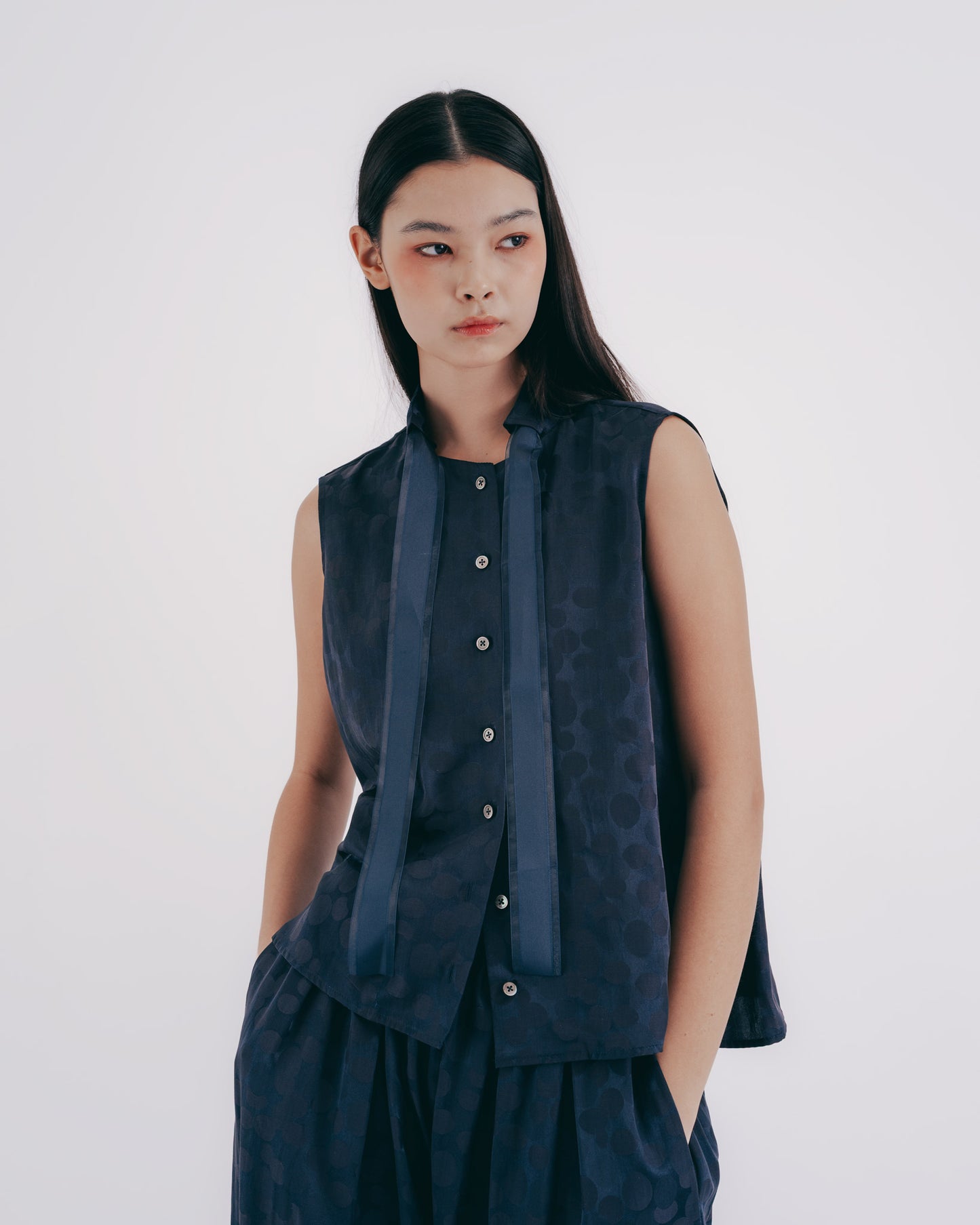 Silk and Cotton Blend Polka Dot Tie Top (Dark Blue)