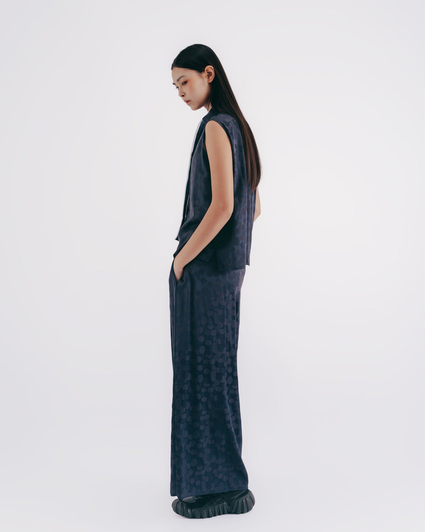 Silk and Cotton Blend Polka Dot Tie Top (Dark Blue)