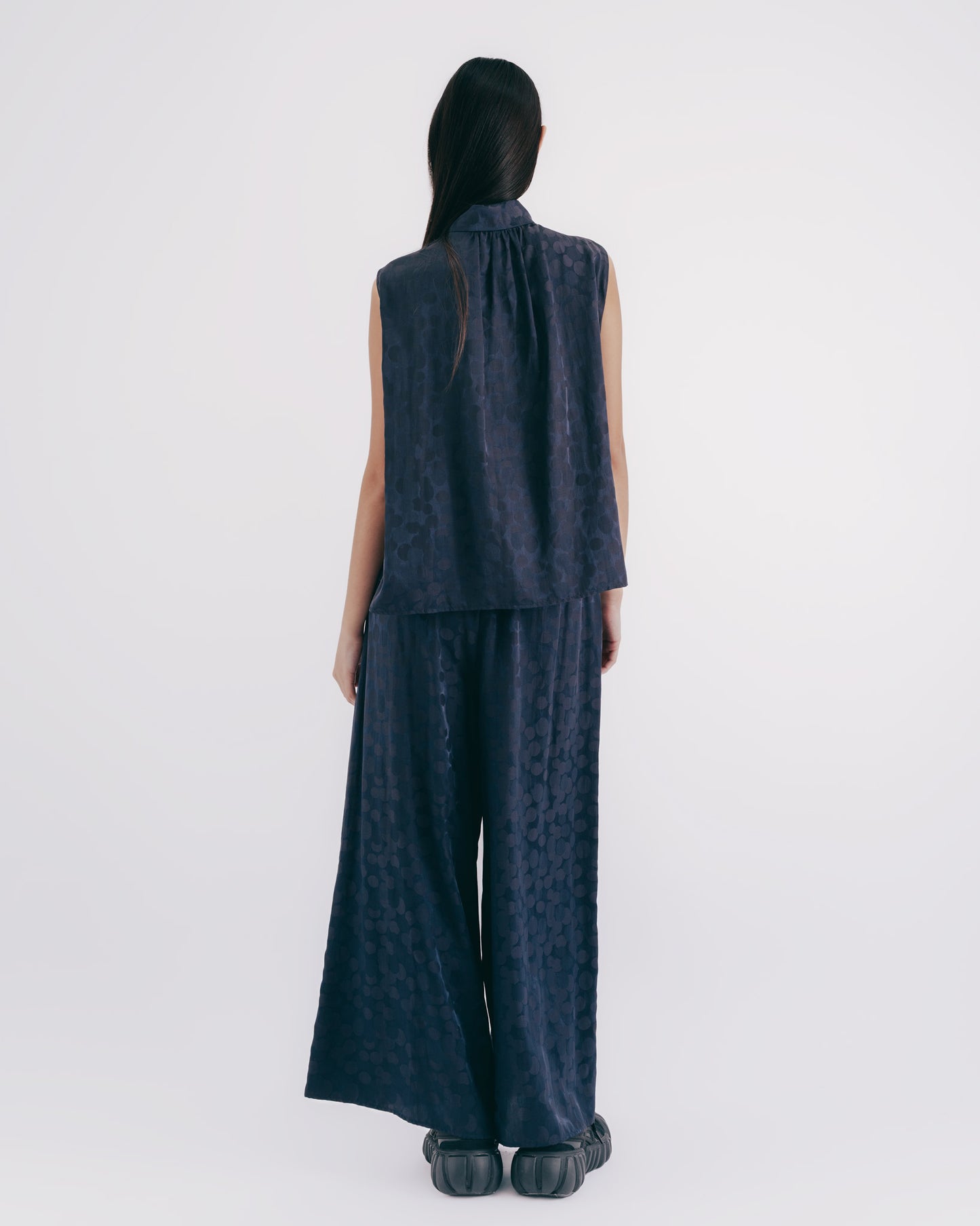 Silk and Cotton Blend Polka Dot Tie Top (Dark Blue)