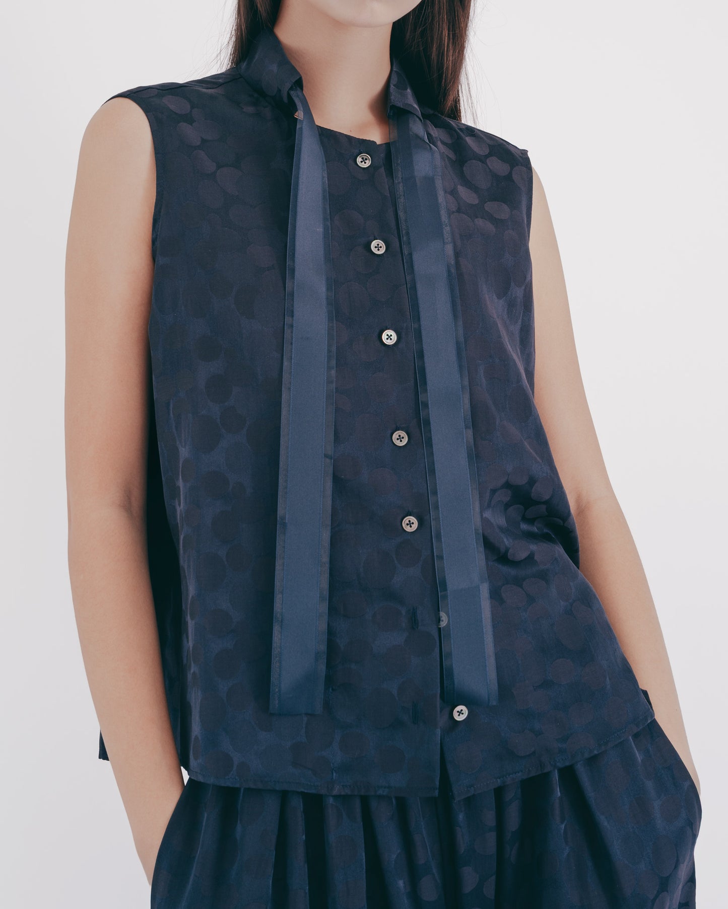 Silk and Cotton Blend Polka Dot Tie Top (Dark Blue)