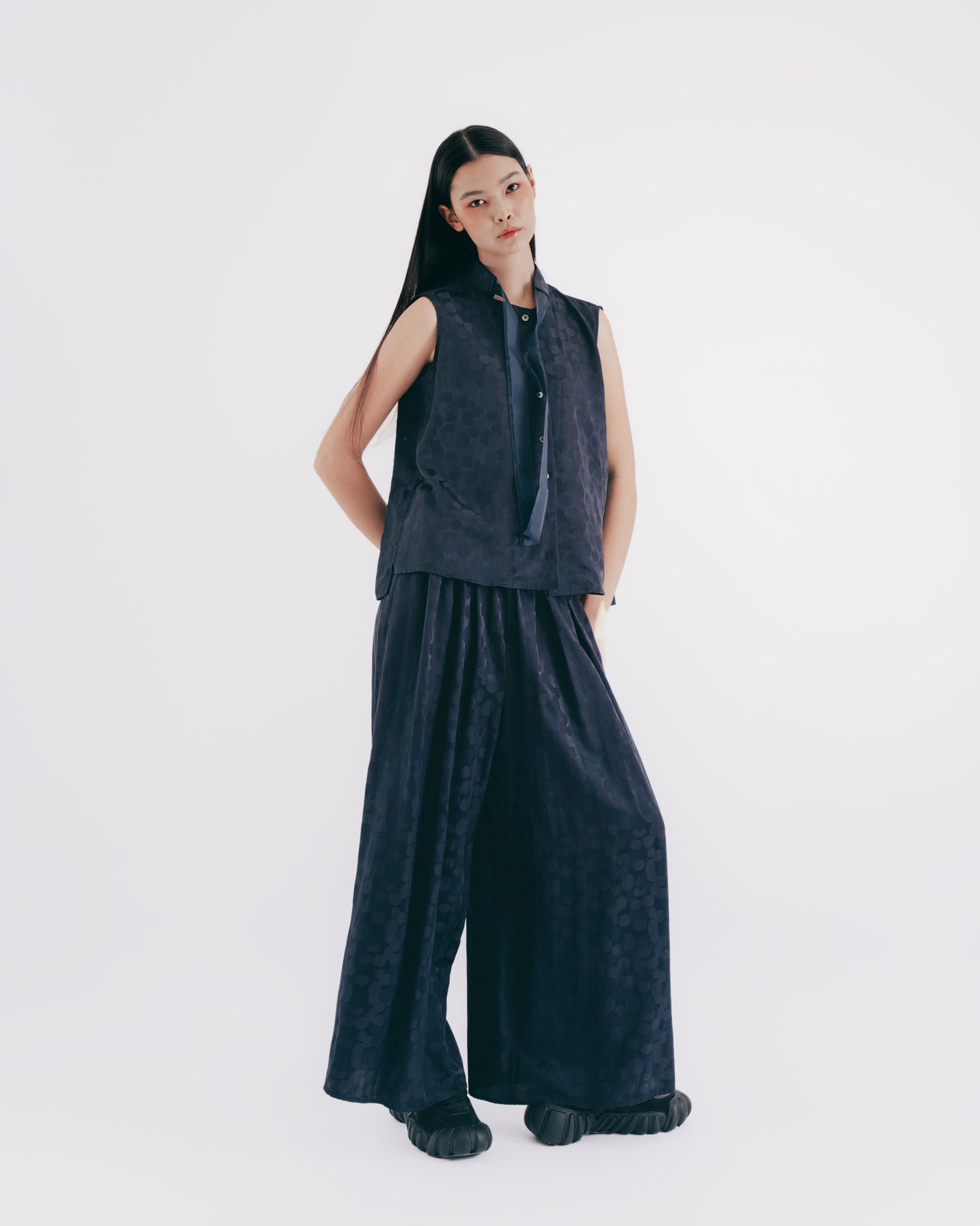 Silk and Cotton Blend Polka Dot Tie Top (Dark Blue)