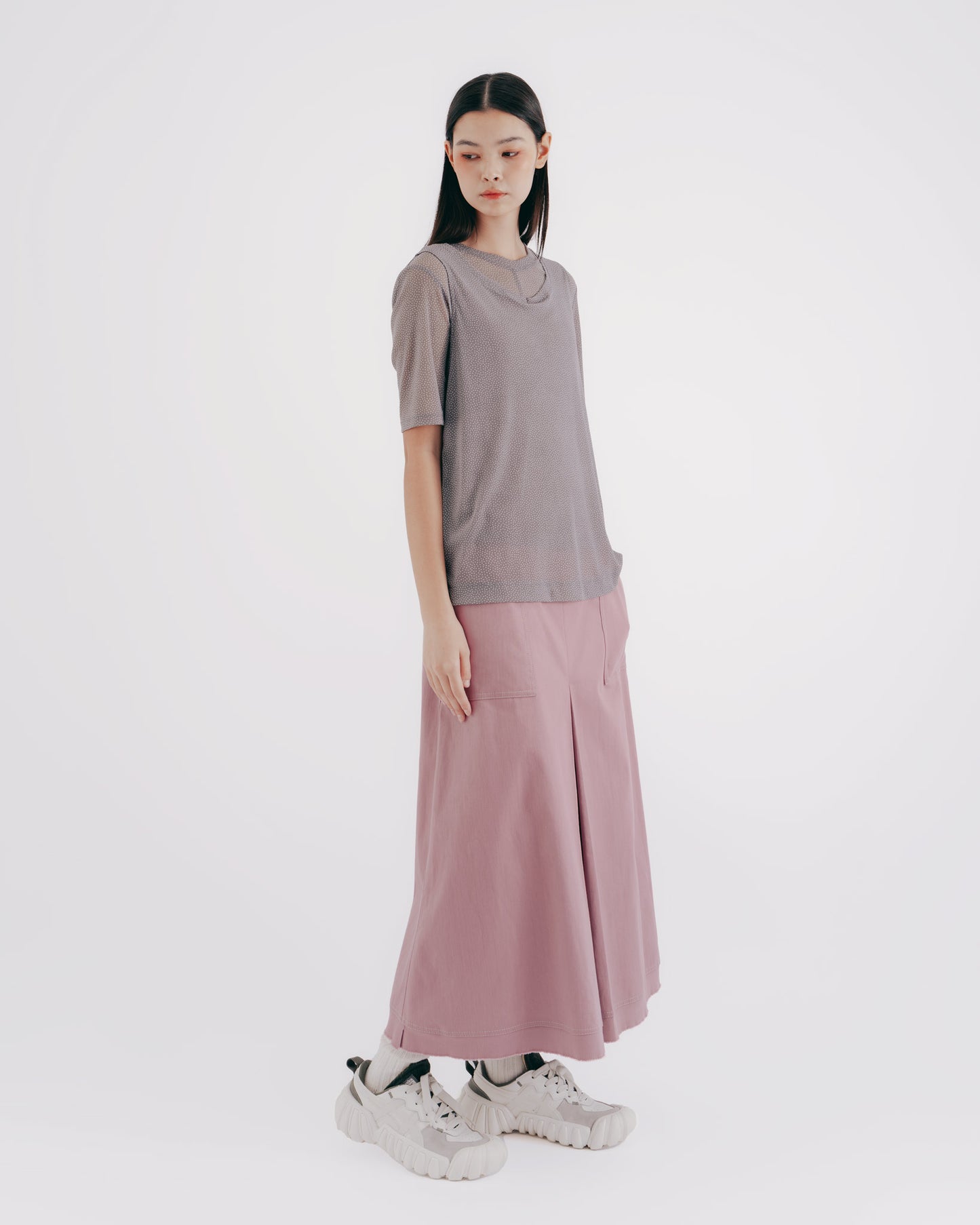 High-Top Fold A-Line Midi Skirt (Pink)