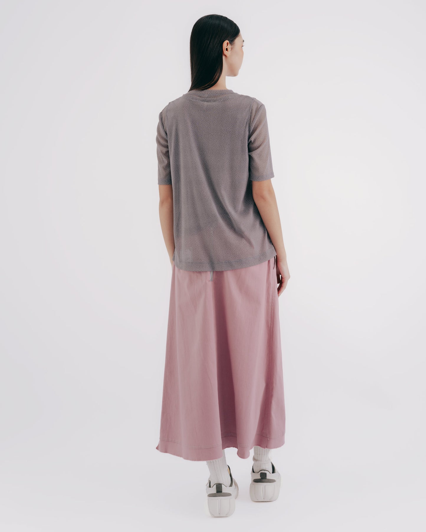 High-Top Fold A-Line Midi Skirt (Pink)