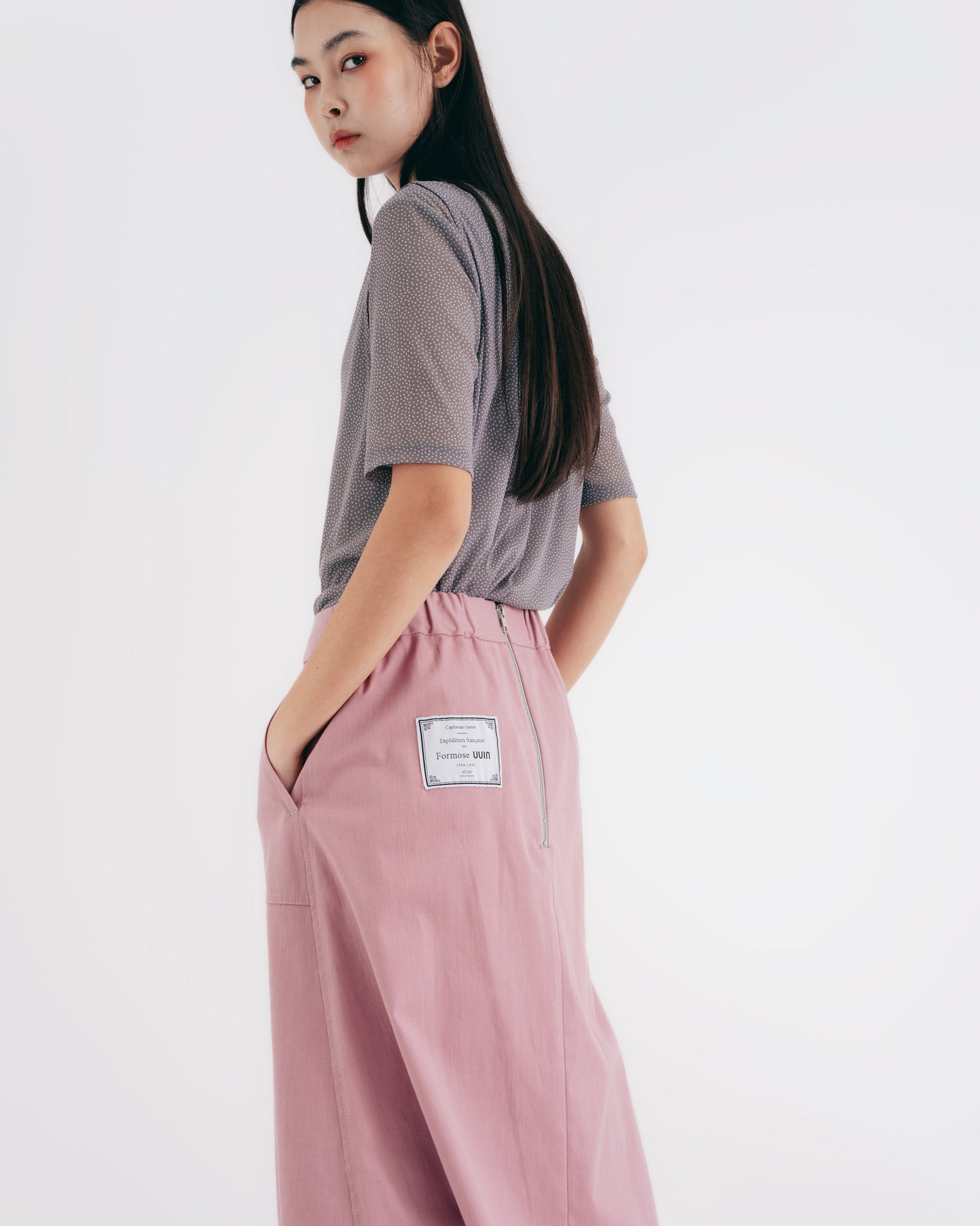 High-Top Fold A-Line Midi Skirt (Pink)
