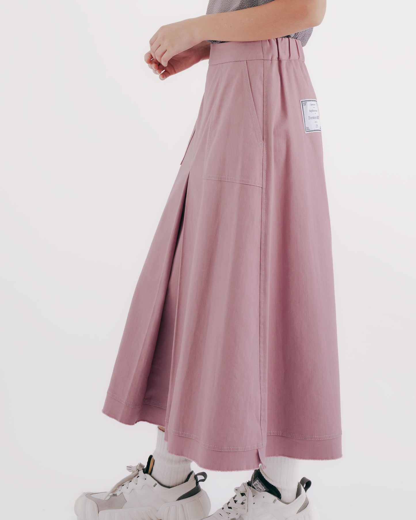 High-Top Fold A-Line Midi Skirt (Pink)