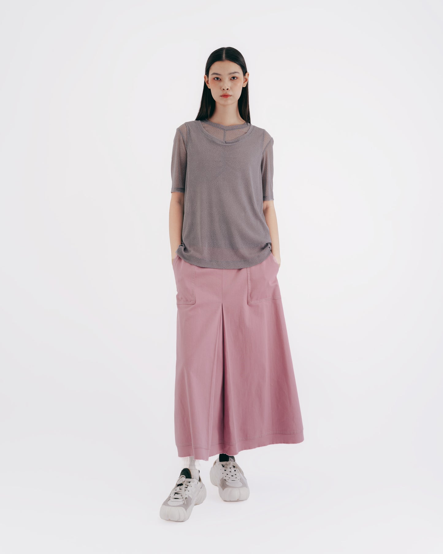 High-Top Fold A-Line Midi Skirt (Pink)