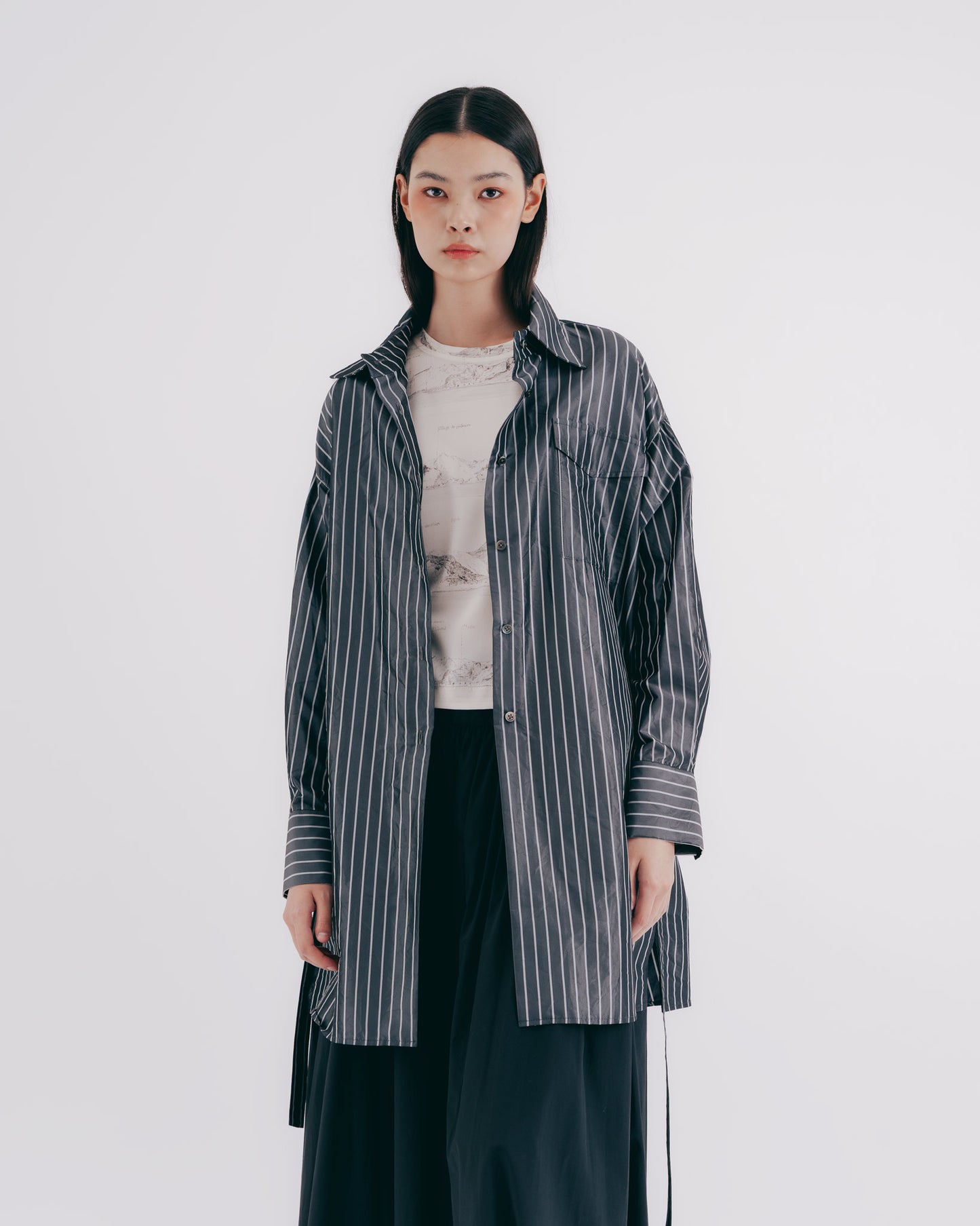 Lightweight Silk Striped Midi Shirt (Gray)