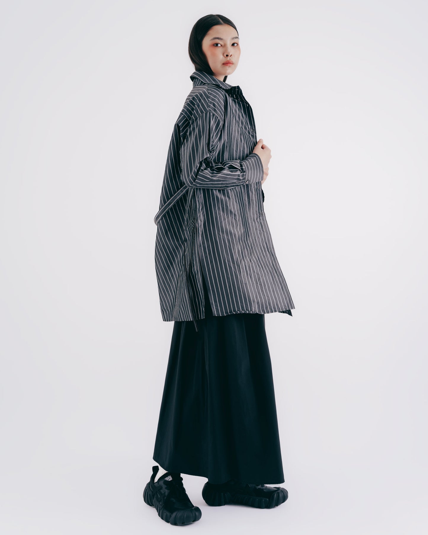 Lightweight Silk Striped Midi Shirt (Gray)
