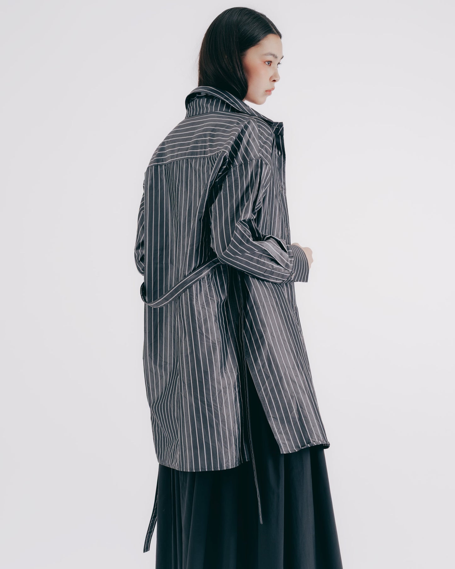 Lightweight Silk Striped Midi Shirt (Gray)