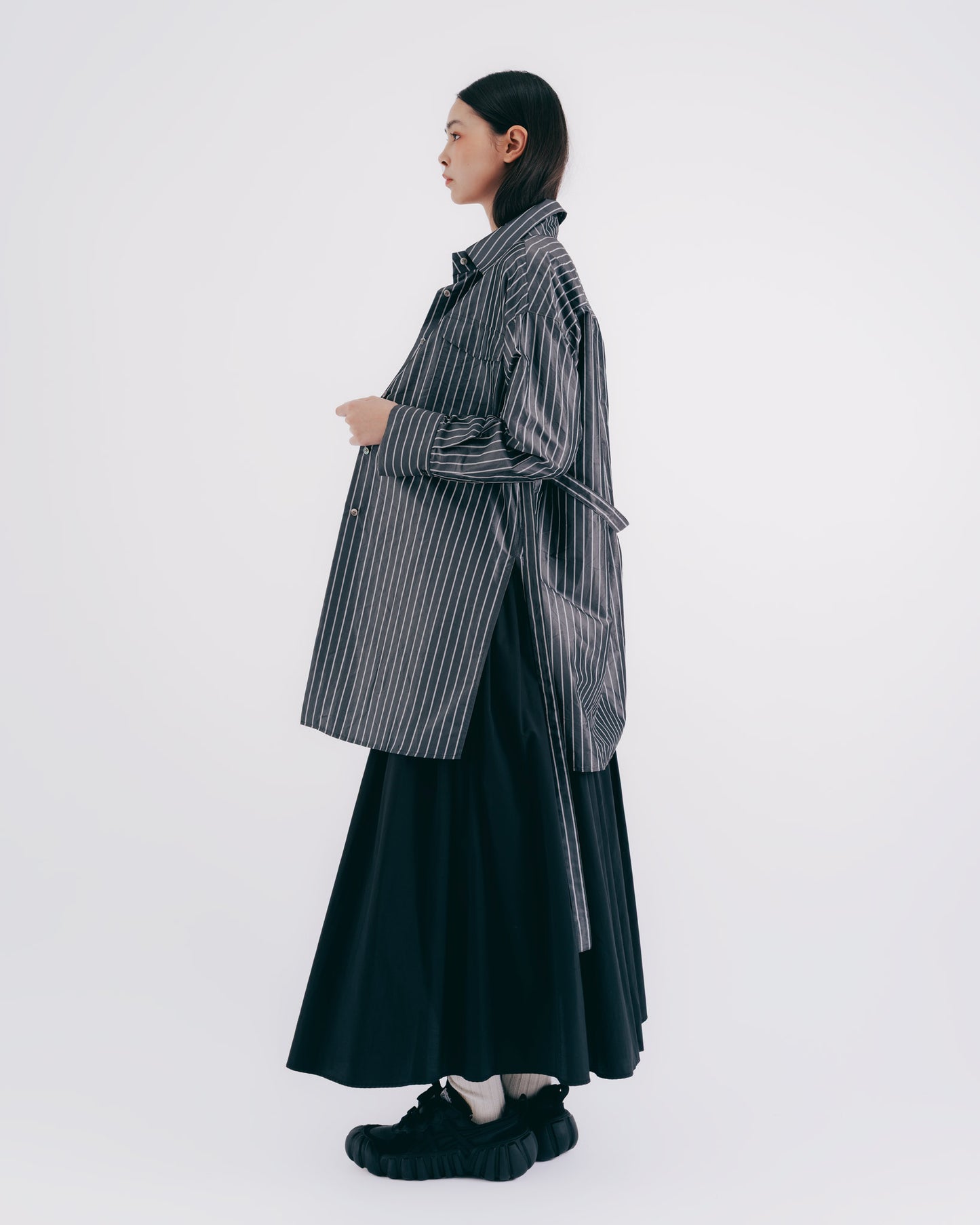 Lightweight Silk Striped Midi Shirt (Gray)