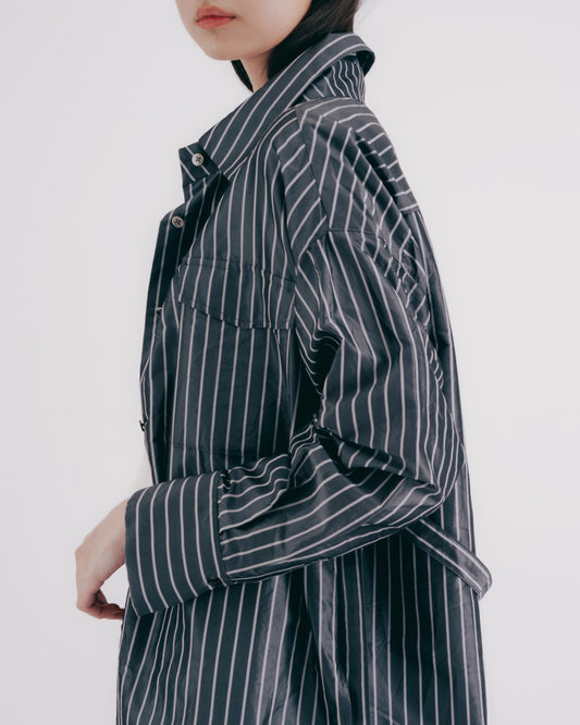 輕挺真絲條紋中長版襯衫(灰色)