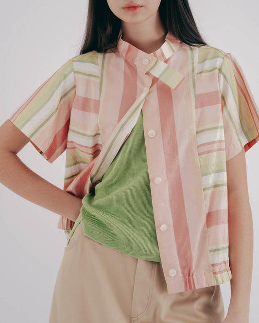 真絲條紋立領切線造型上衣(粉色)