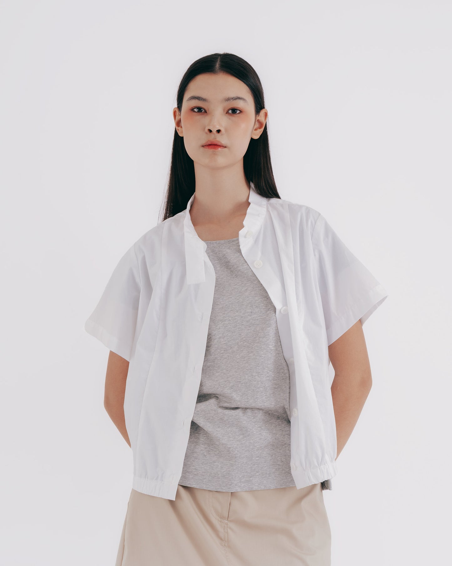 Pure White Stand Collar Tangent Shape Top (White)