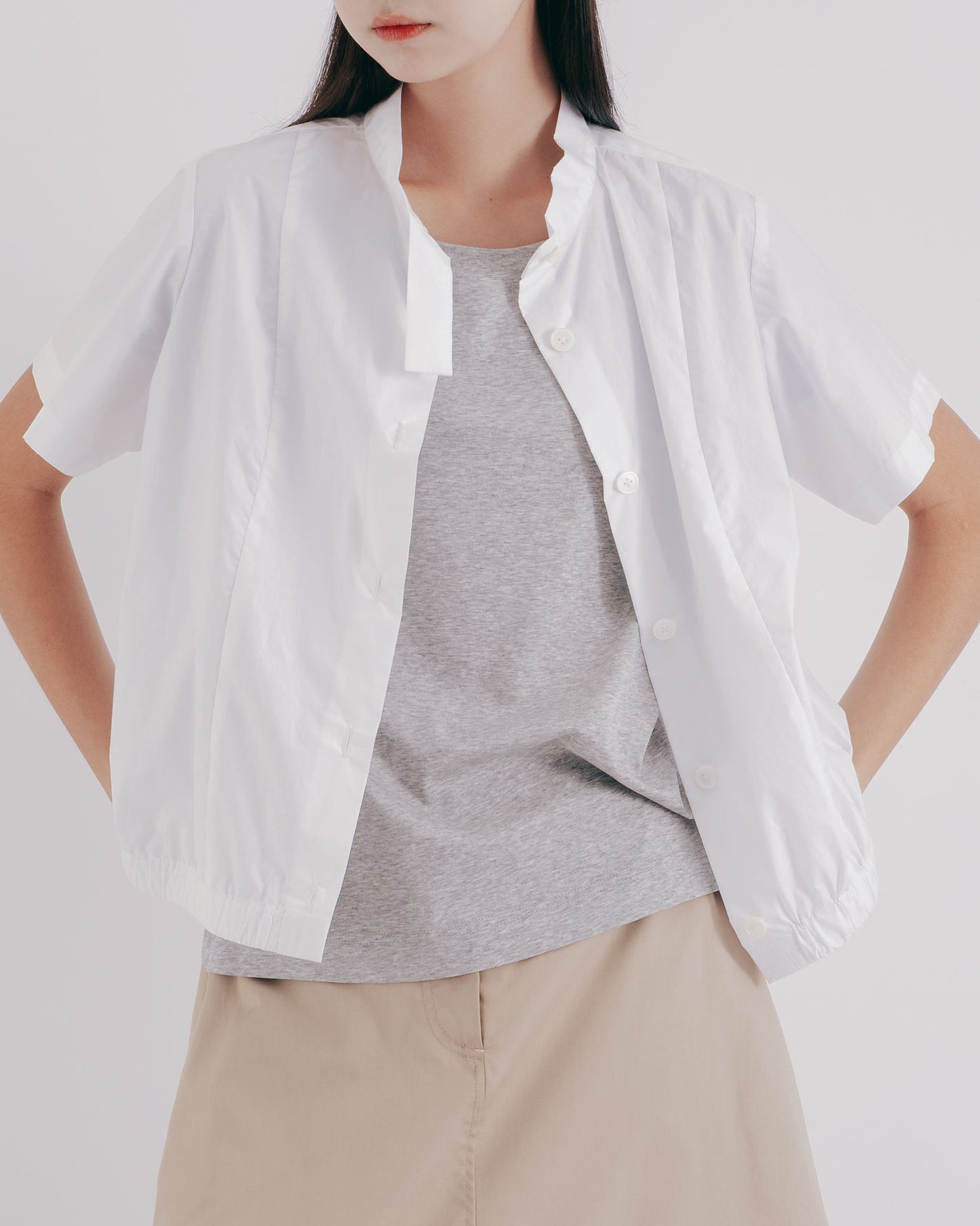 Pure White Stand Collar Tangent Shape Top (White)