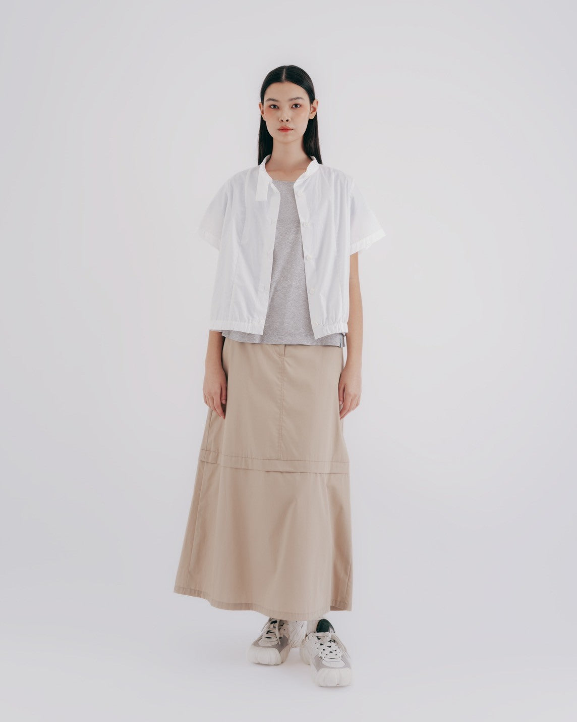 Pure White Stand Collar Tangent Shape Top (White)