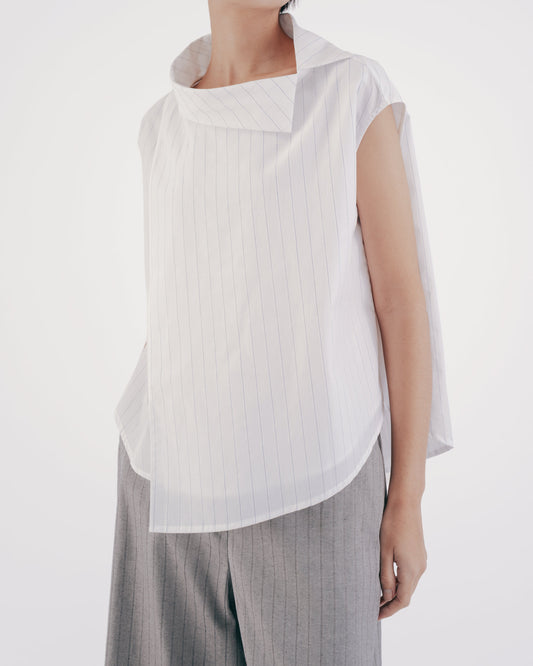 假兩件翻領條紋上衣(白色)