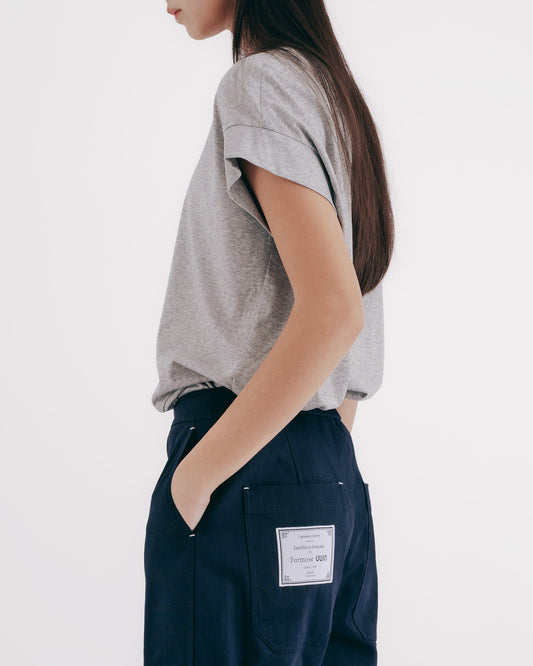 深藍斜紋工裝貼袋直筒褲