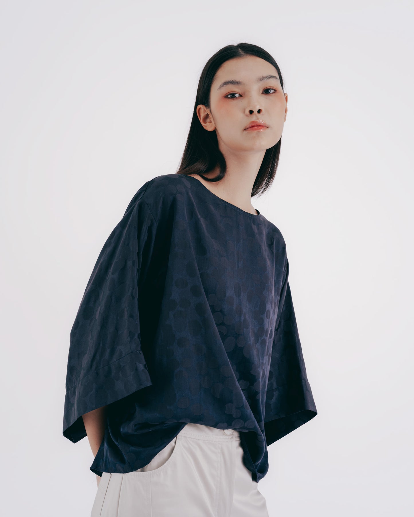 絲棉混紡圓點和服袖上衣