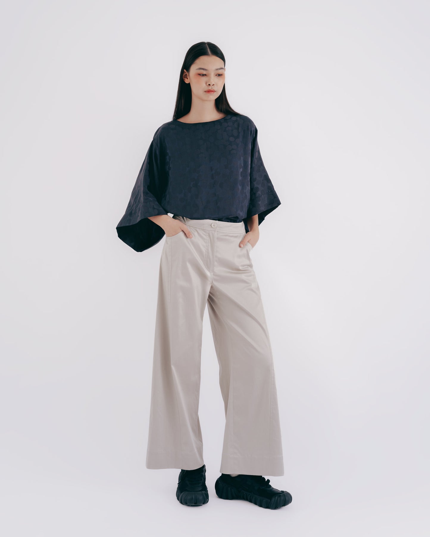 絲棉混紡圓點和服袖上衣