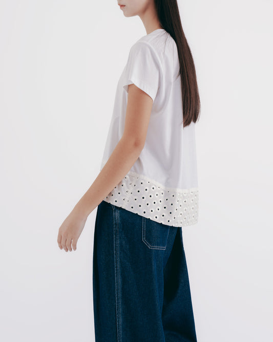 緹花下襬拼接針織上衣(白色)