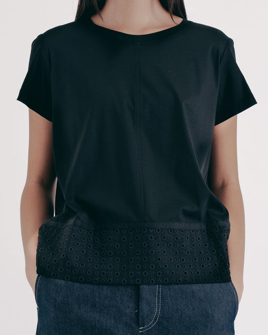 緹花下襬拼接針織上衣(黑色)