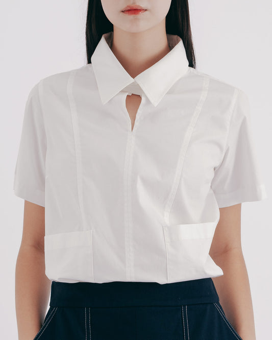 純白切線設計V領襯衫